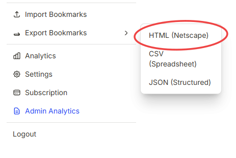 Account menu showing Export Bookmarks expanded to its three format options: HTML (Netscape), CSV (Spreadsheet), and JSON (Structured)