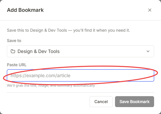 Add Bookmark dialog with the Paste URL field highlighted