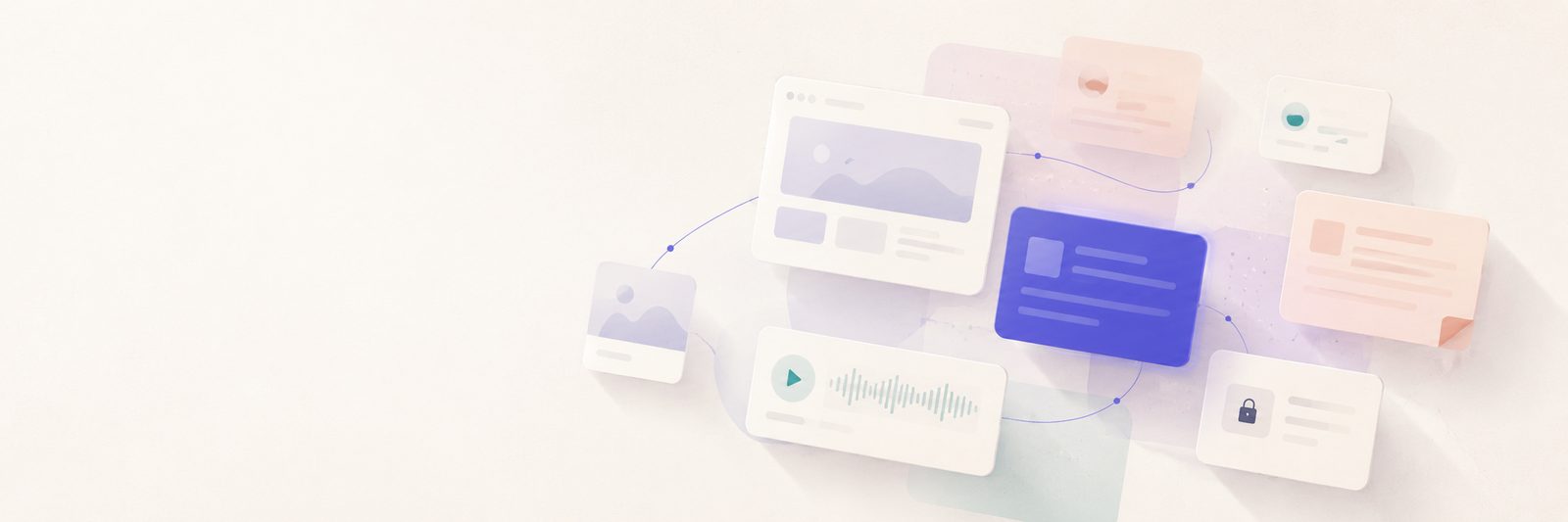 Illustration: cards representing saved webpages, notes, an image, a voice recording and a locked credential, drifting into place and connected by fine lines