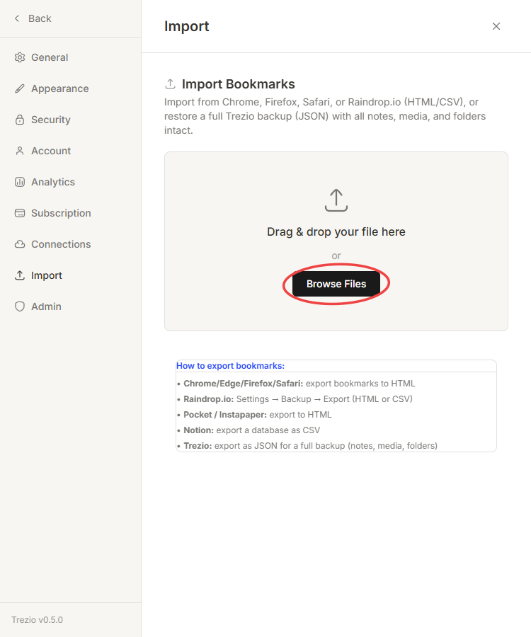 Import Bookmarks panel with a drag-and-drop area and the Browse Files button highlighted, plus per-service export instructions