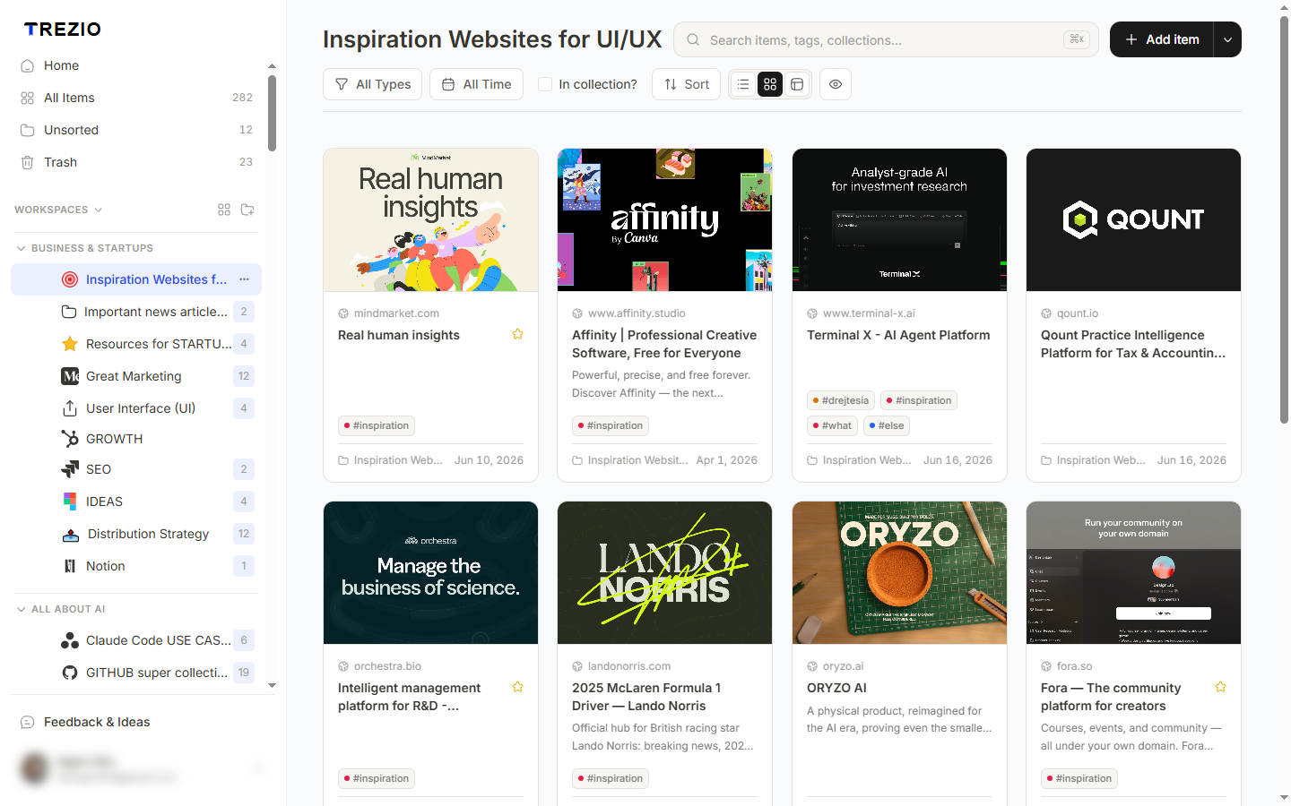 A Trezio library in card view: saved links as cards with thumbnails, titles, descriptions and charm tags, with a nested folder sidebar