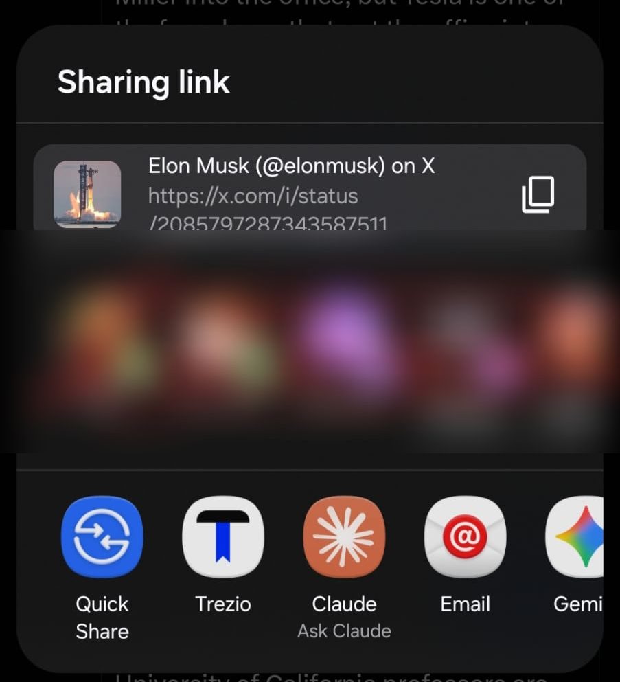 Android share sheet opened over a social post, showing Trezio among the available apps alongside Quick Share, Claude, Email and Gemini