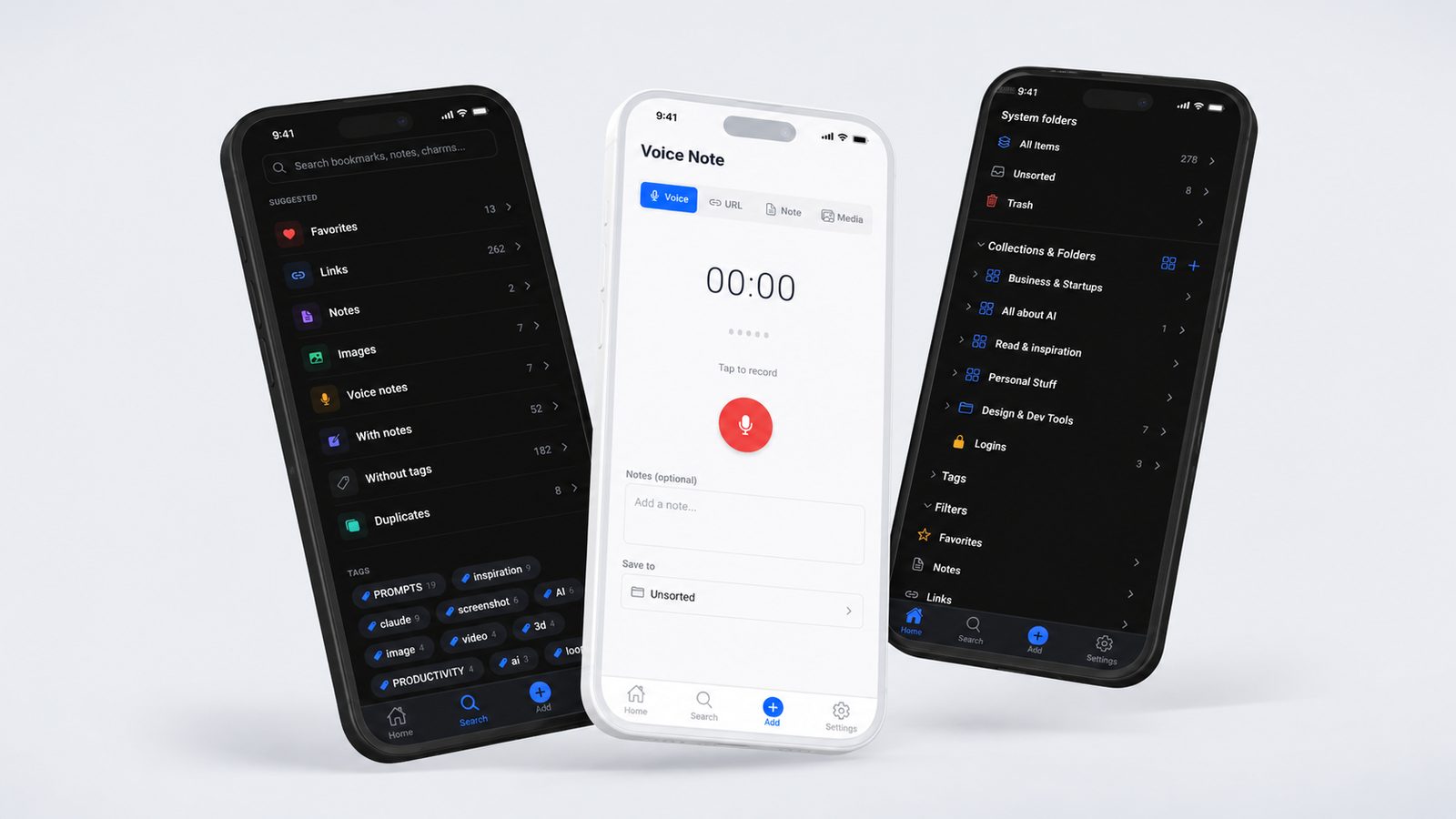 Three Trezio mobile screens side by side: filtered search with tags, the voice-note recorder, and the folder tree
