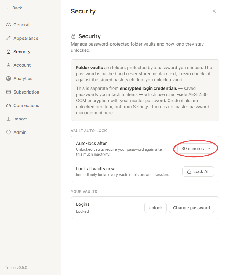 Settings → Security showing the folder-vault auto-lock timeout selector, Lock All action, and a locked vault
