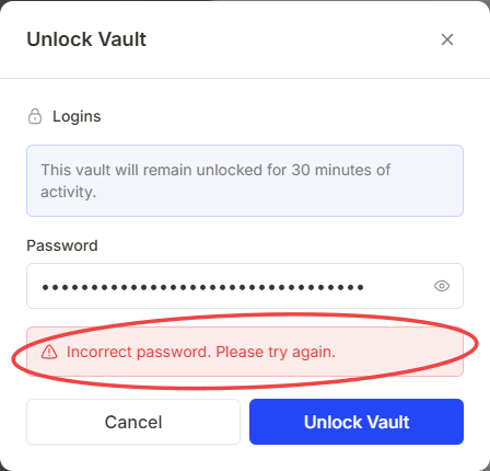 Unlock Vault dialog for a folder named Logins, showing an "Incorrect password. Please try again." error